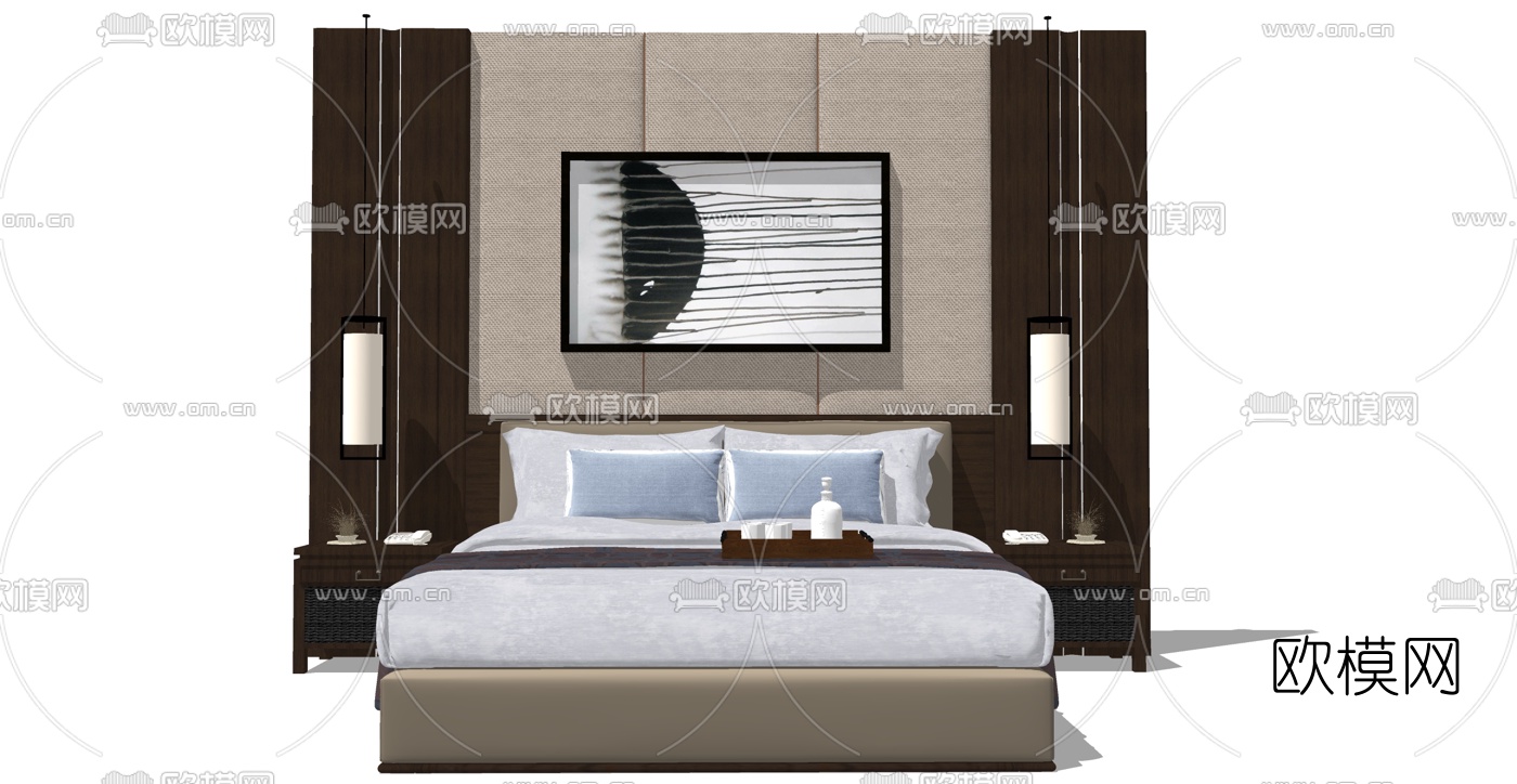 新中式双人床su模型下载