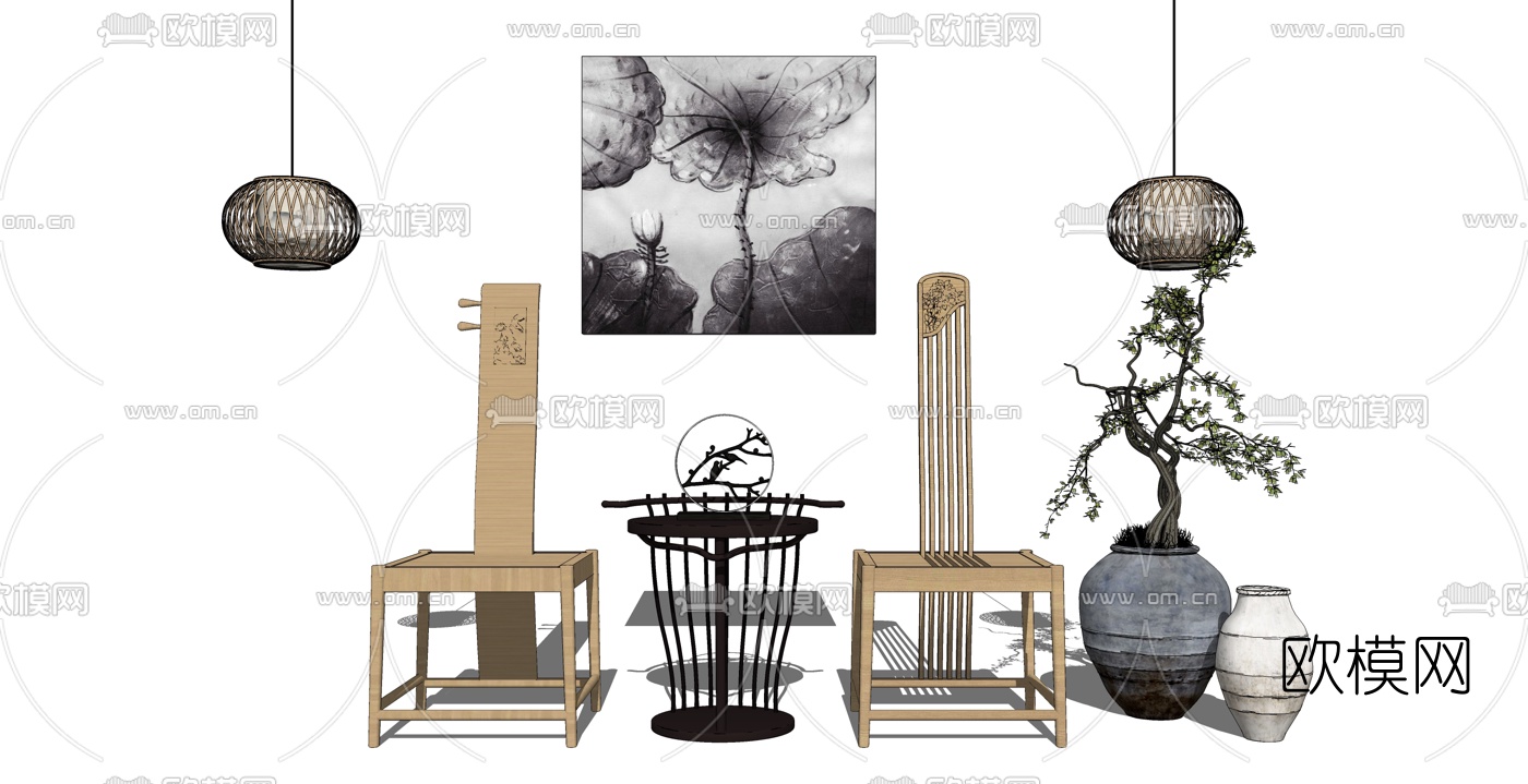 中式高背椅su模型下载