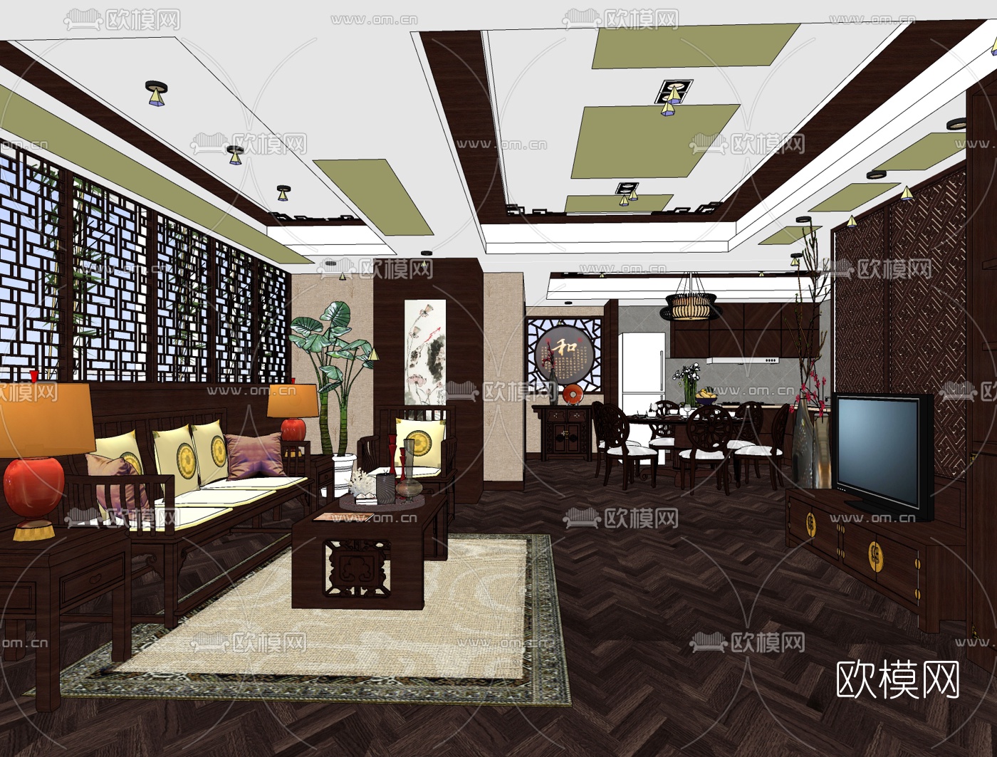 中式客厅免费su模型下载