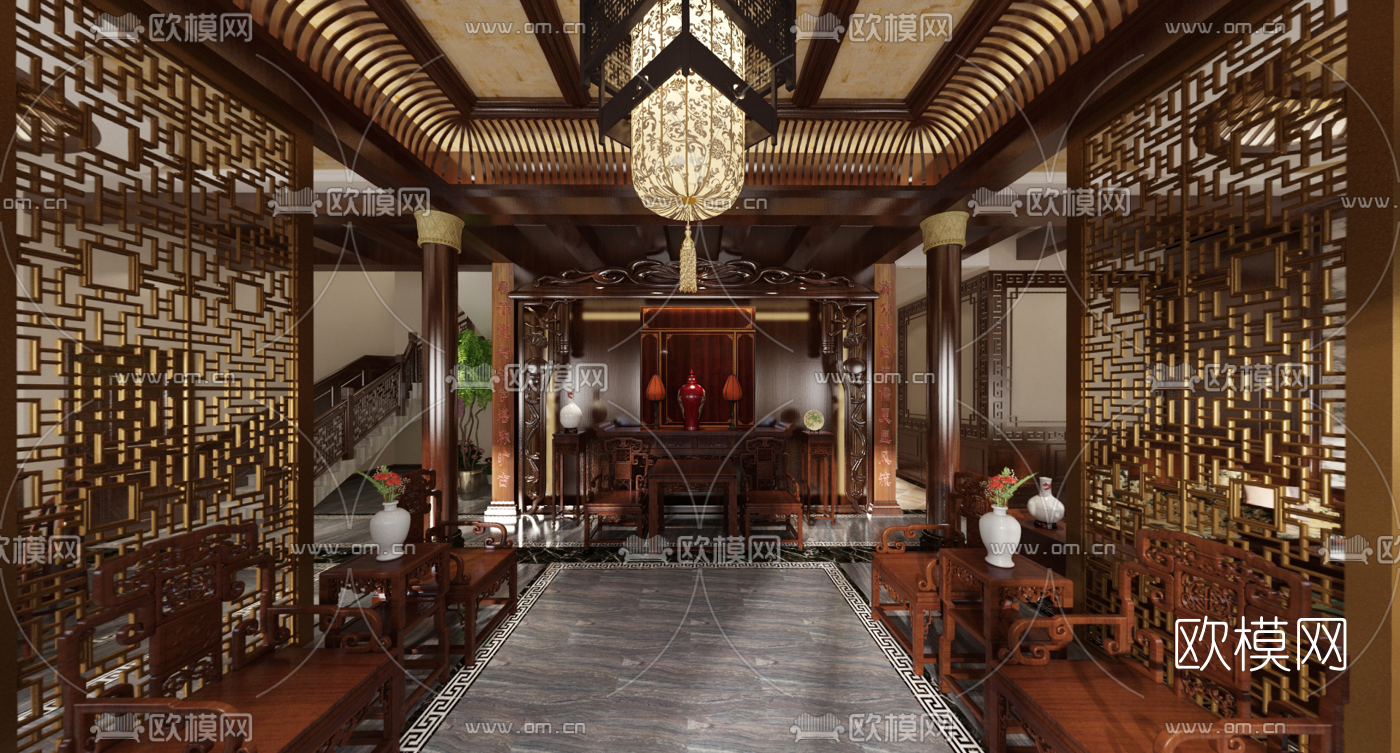 新中式别墅客厅全景3d模型