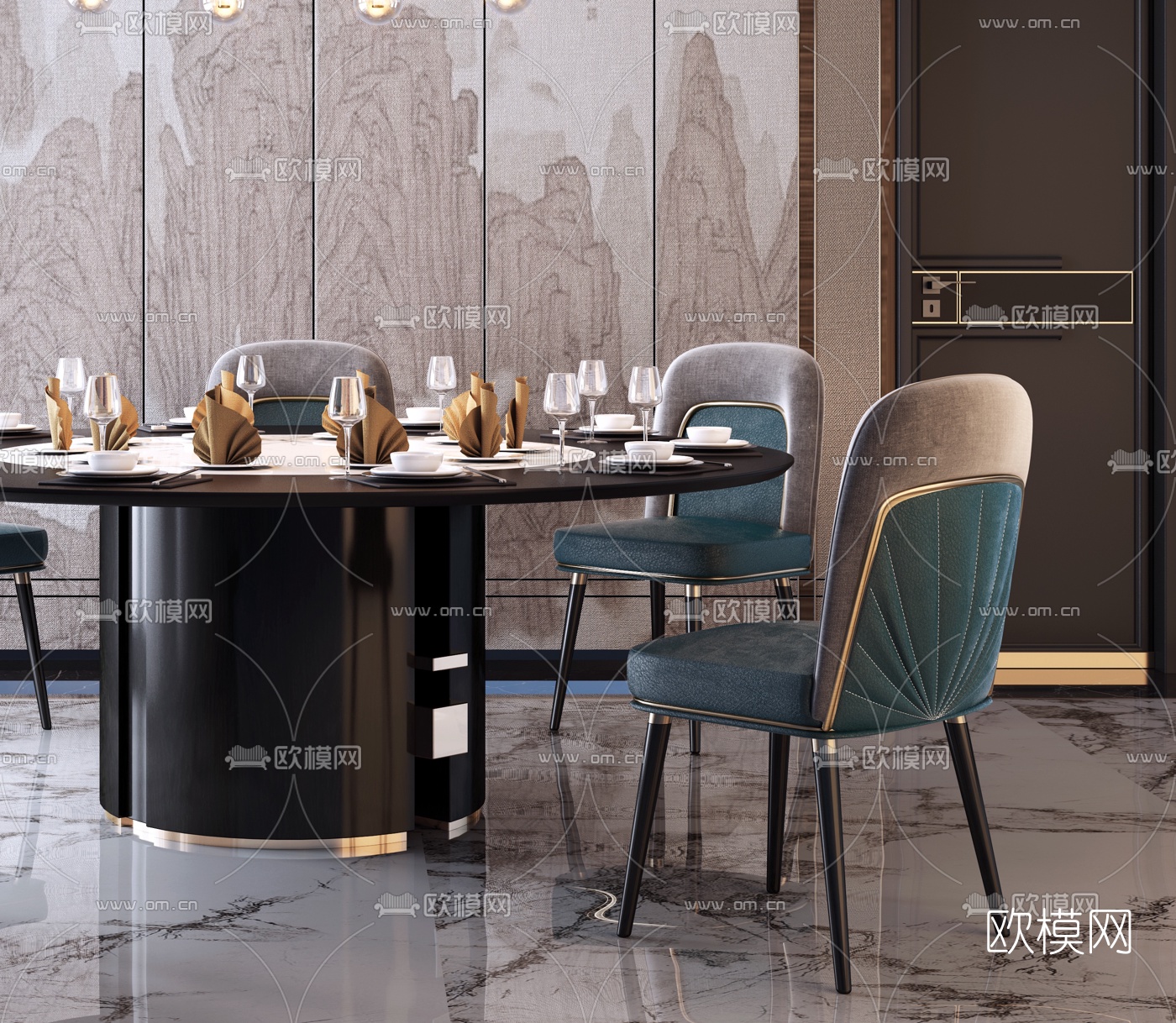 新中式轻奢餐桌椅3d模型