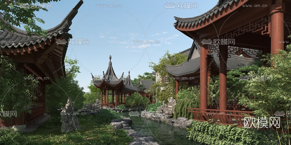 中式园林景观3d模型下载