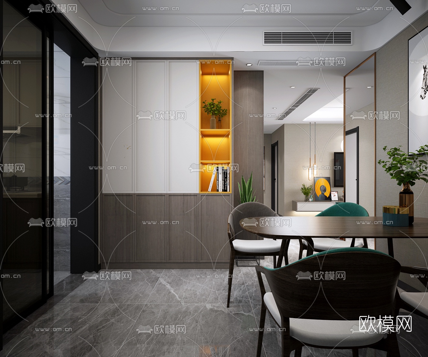 现代轻奢客厅餐厅厨房3d模型
