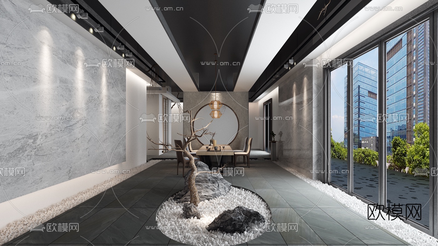 新中式办公茶室休息区3d模型下载