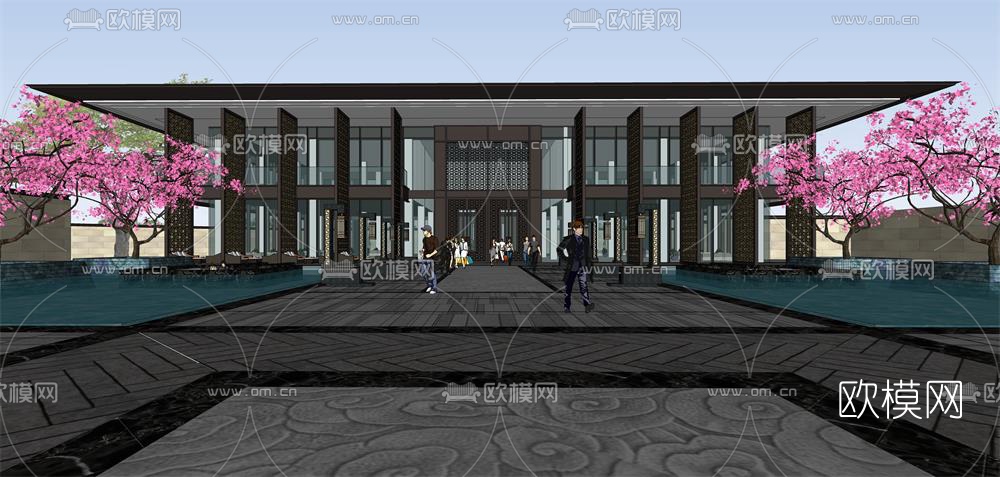 新中式售楼处外观su模型下载（渲染图1）