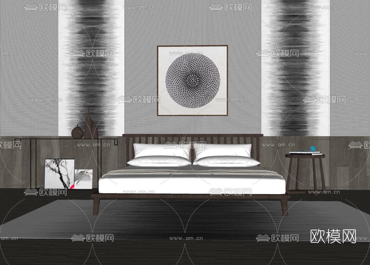 新中式实木双人床免费su模型下载