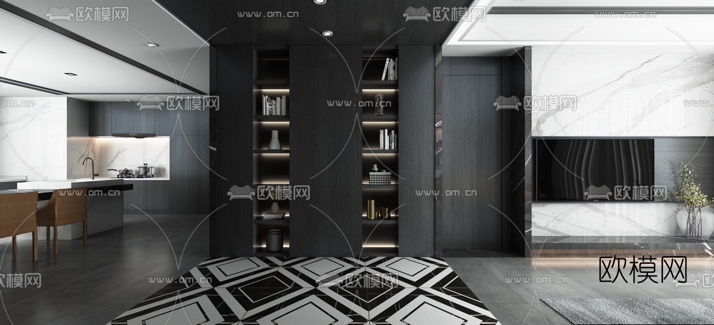 现代高级灰客厅餐厅3d模型