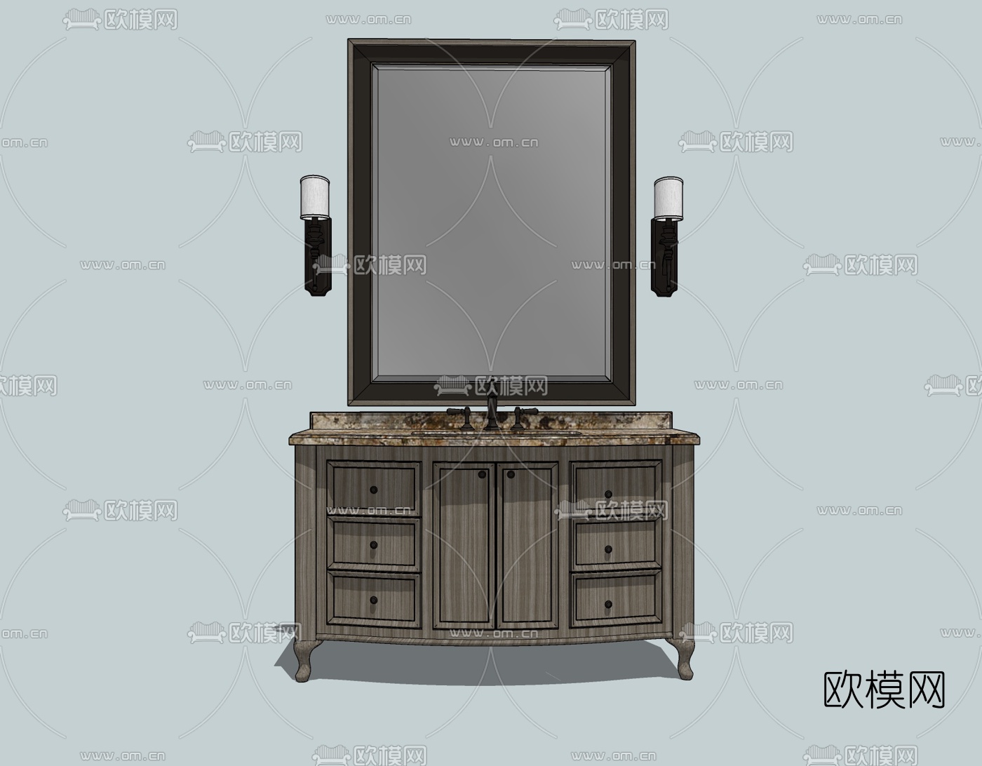 美式实木浴室柜洗手台免费su模型下载