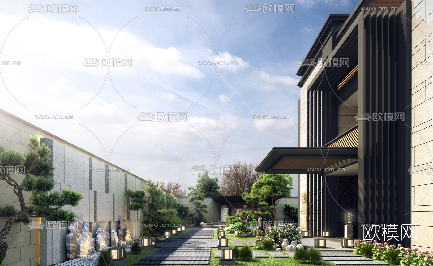 新中式别墅庭院3d模型下载