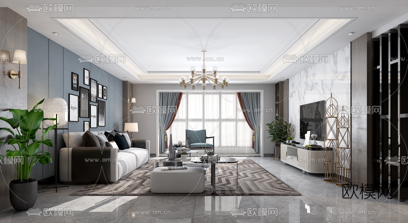 现代轻奢客厅免费3d模型-免费3dmax模型库-欧模网