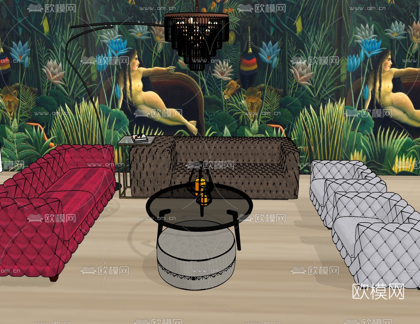 简欧布艺沙发组合su模型下载（渲染图1）