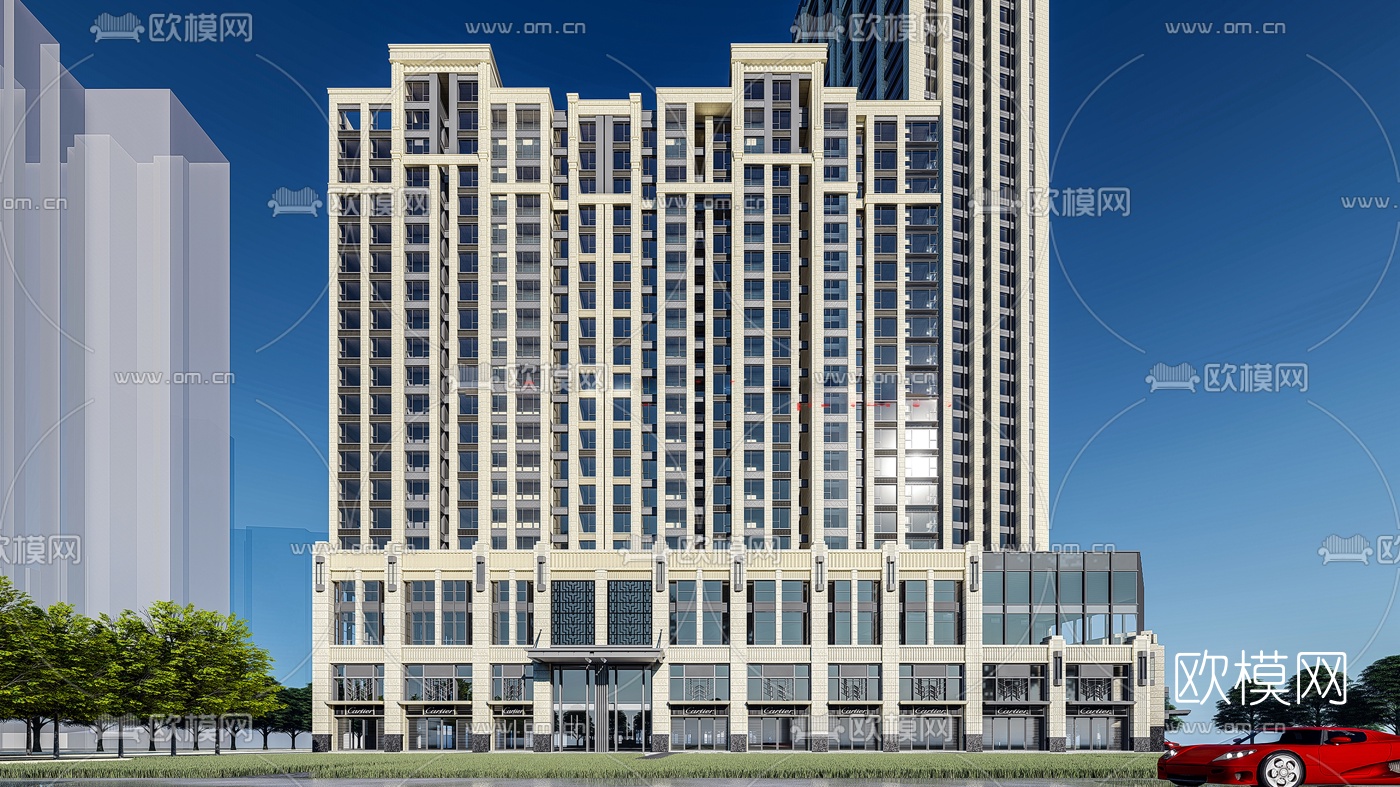 简欧住宅小区外观su模型下载（渲染图2）