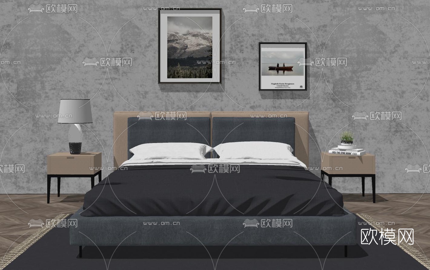 现代双人床su模型下载