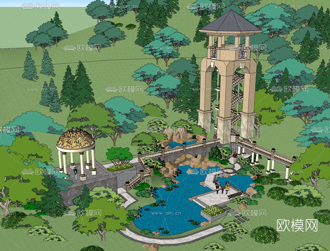 欧式庭院花园免费su模型下载（渲染图1）