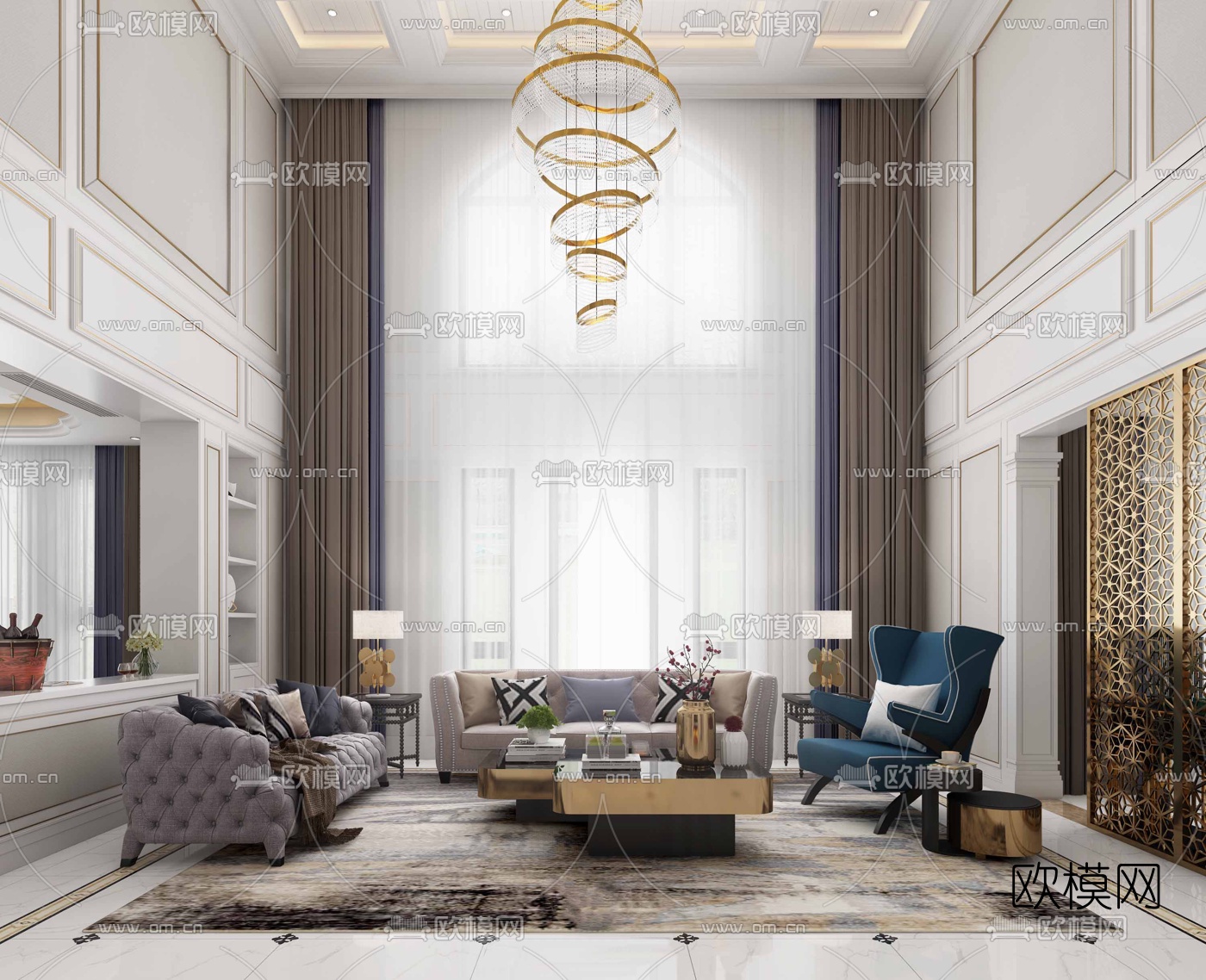 欧式中空轻奢客厅免费3d模型