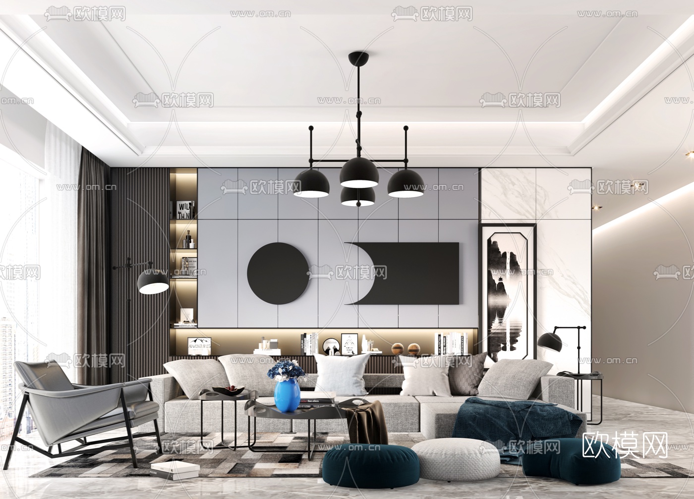 现代轻奢沙发组合3d模型-免费3dmax模型库-欧模网
