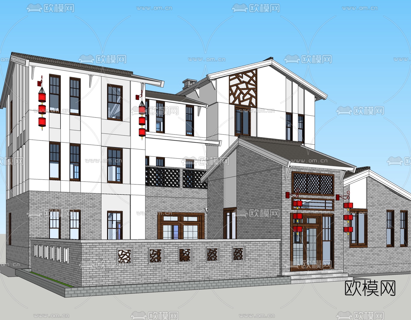 新中式独栋别墅免费su模型下载