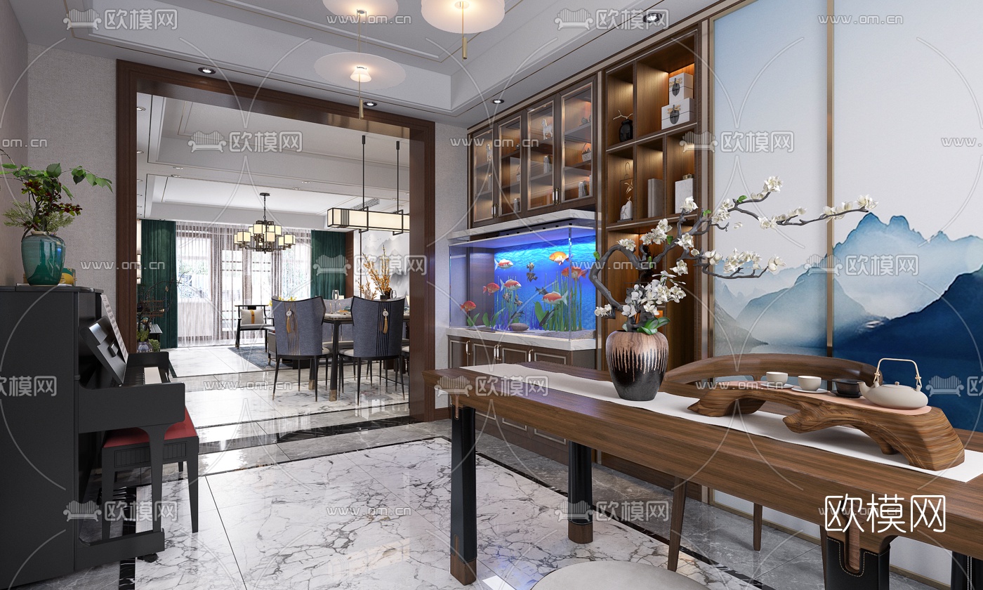 新中式客厅餐厅书房3d模型