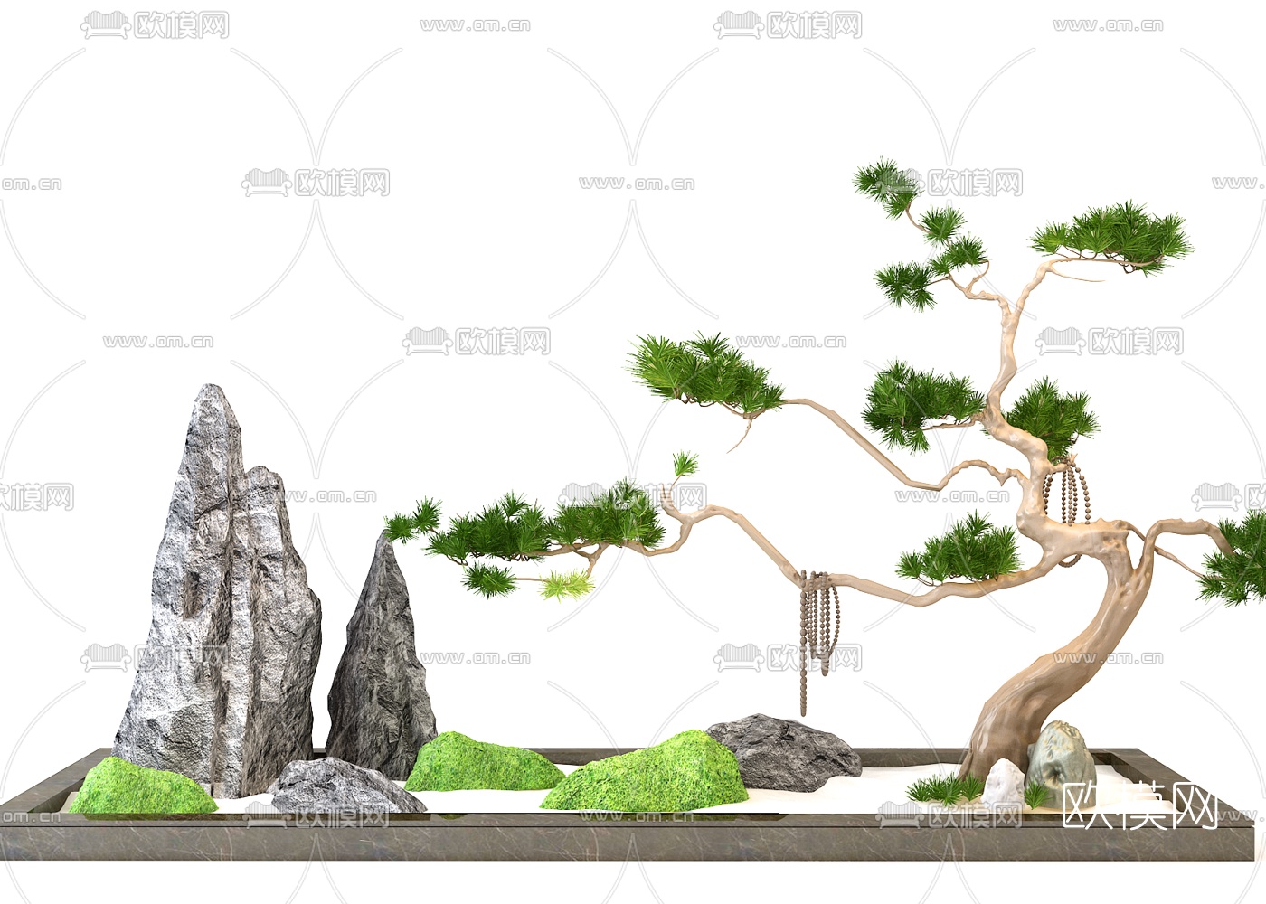 新中式假山松树园林小品3d模型下载
