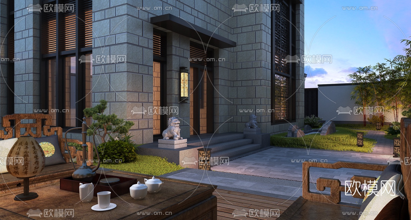 新中式别墅花园3d模型