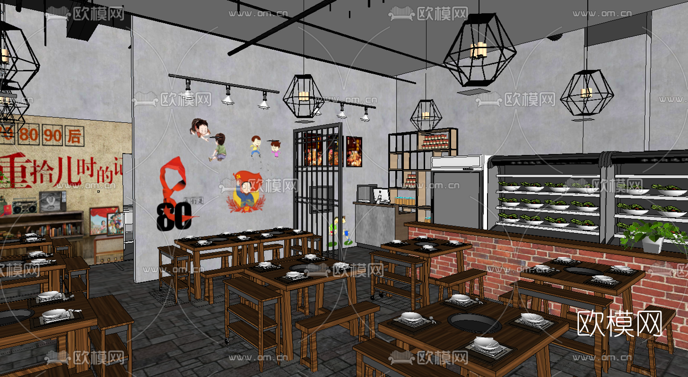 工业风火锅店su模型下载（渲染图3）