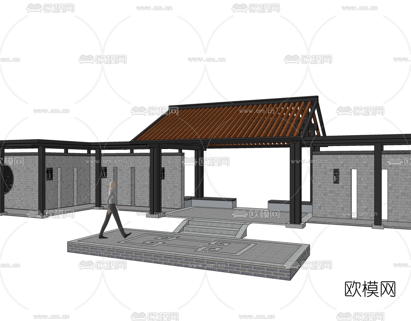 新中式小区门头免费su模型下载