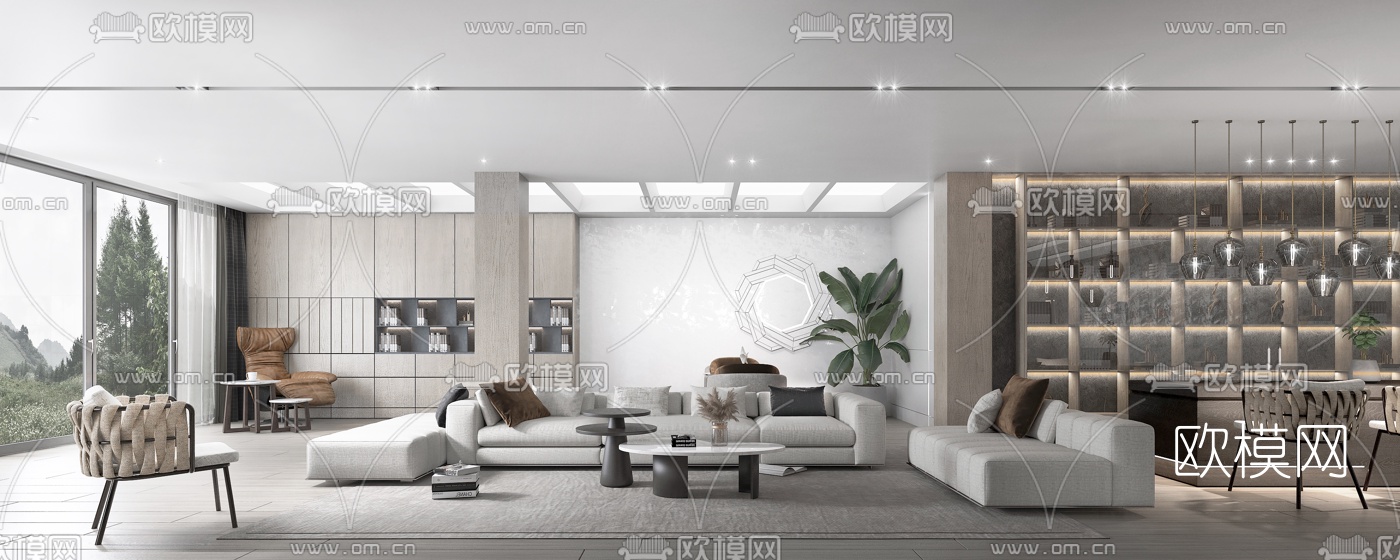 现代高级灰客厅餐厅3d模型