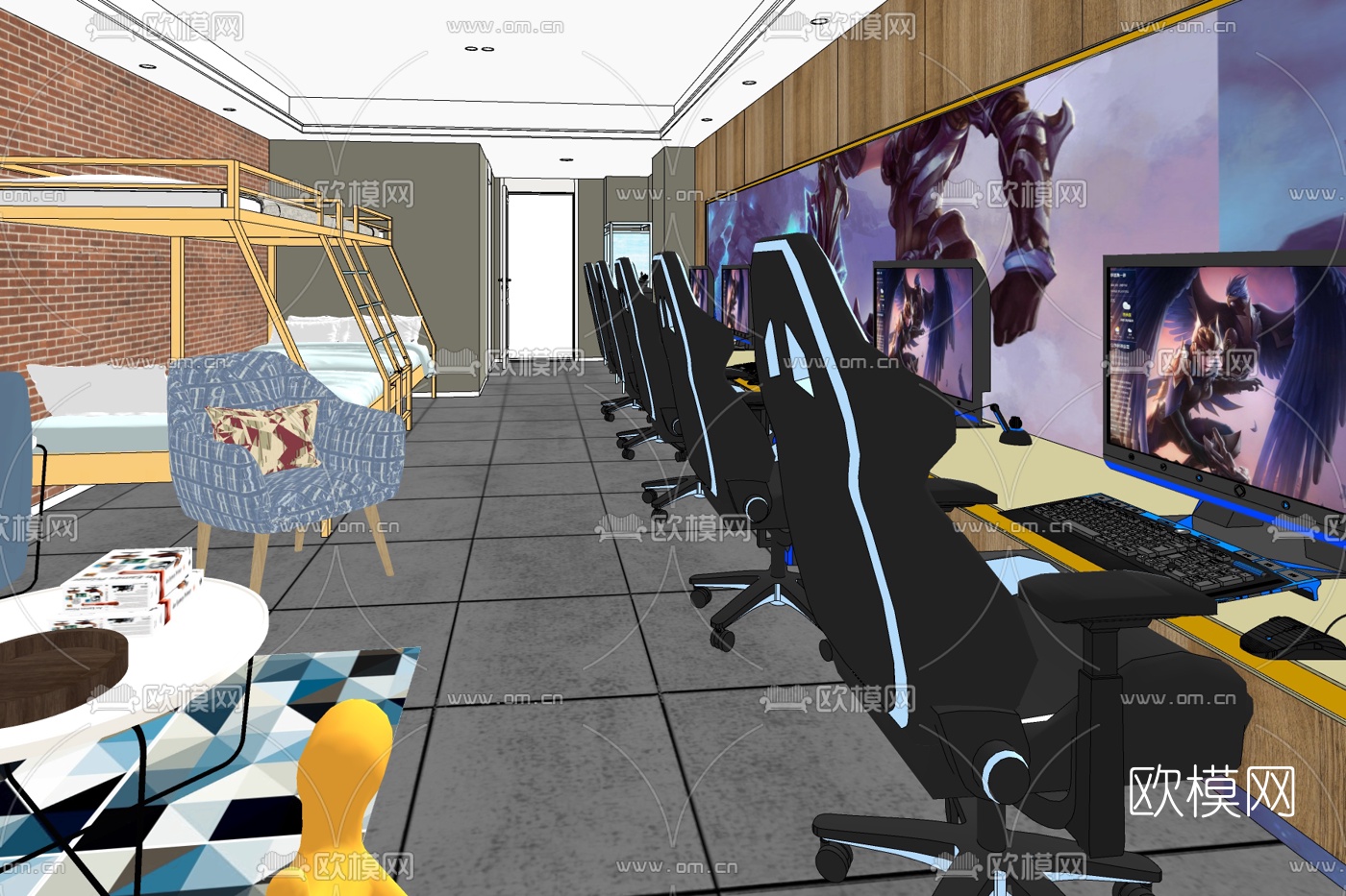 现代网咖包间su模型下载