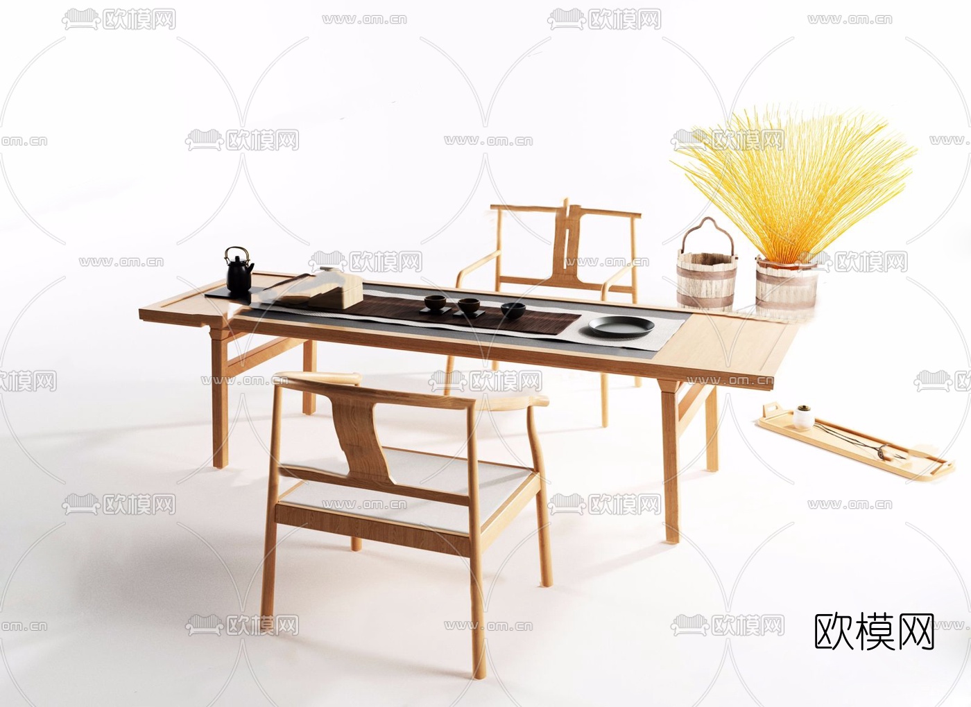 新中式实木茶桌椅3d模型