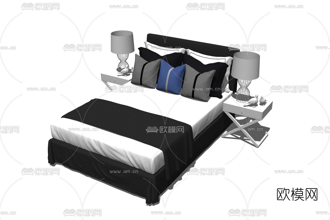 现代布艺双人床免费su模型下载