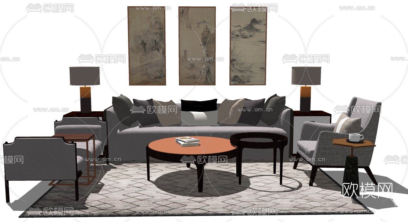 新中式布艺组合沙发su模型下载