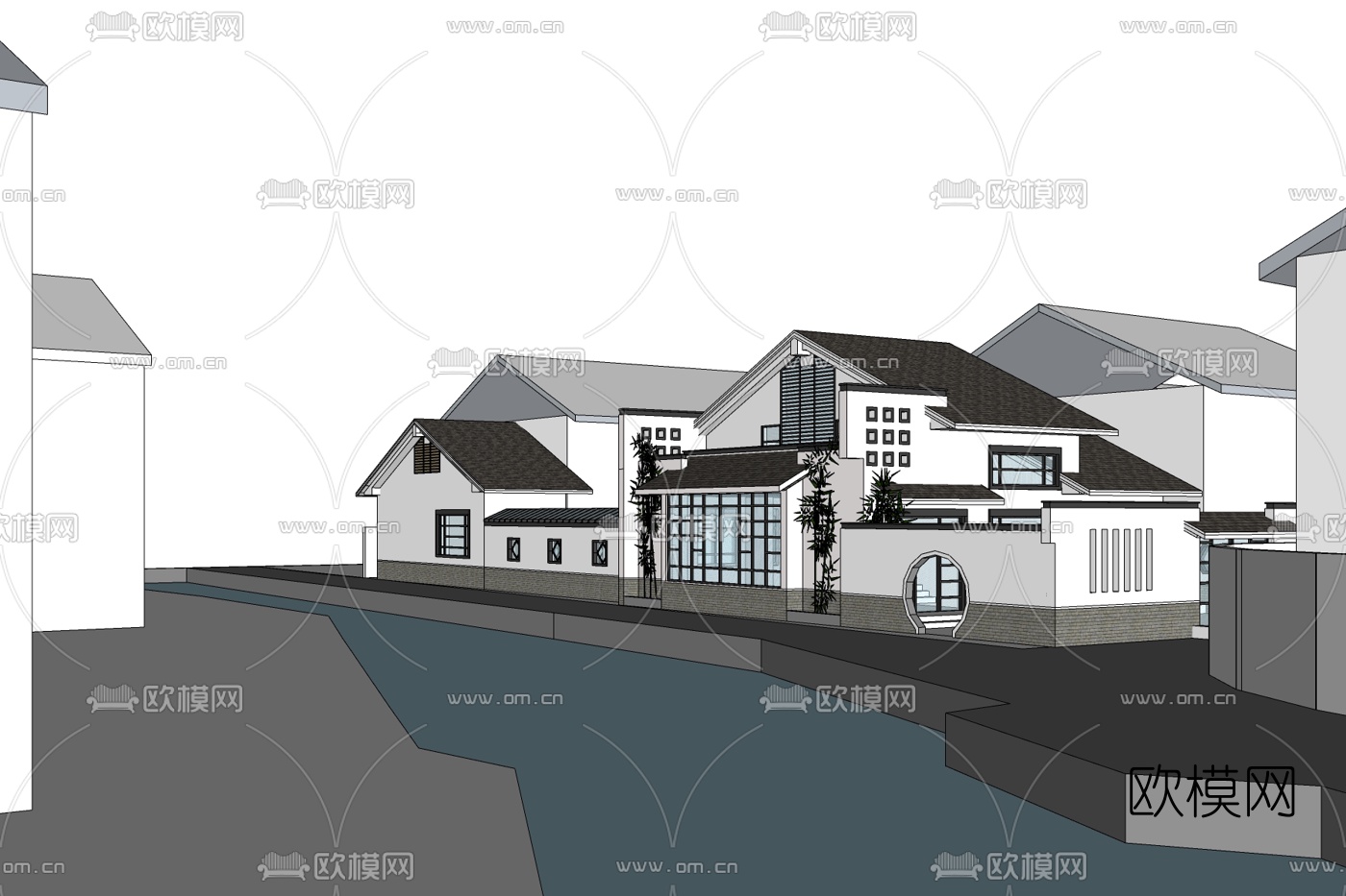 新中式别墅外观免费su模型-免费3dmax模型库-欧模网