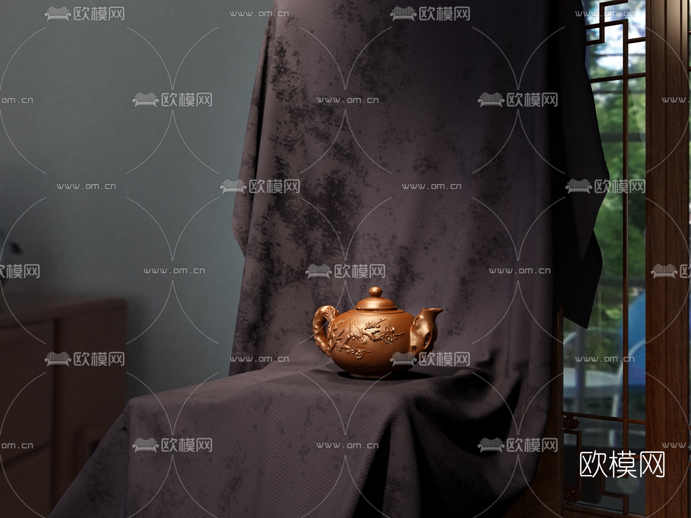 现代工艺浮雕紫砂壶3d模型下载（渲染图1）