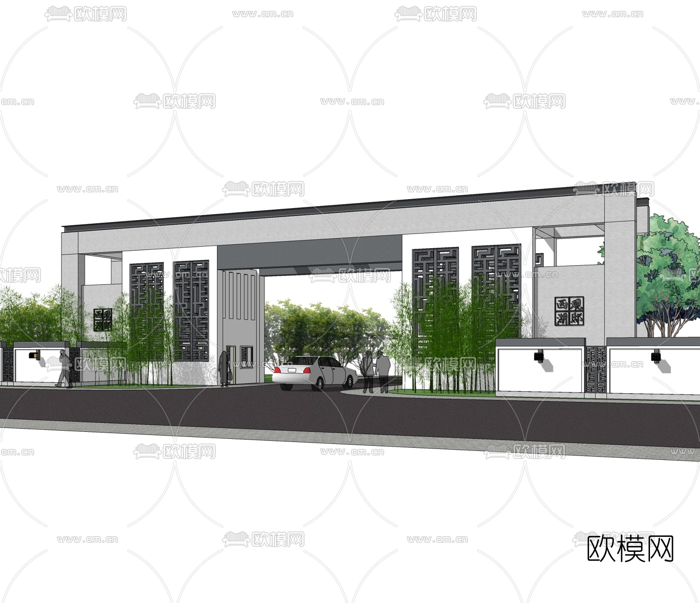 中式小区大门入口免费su模型下载