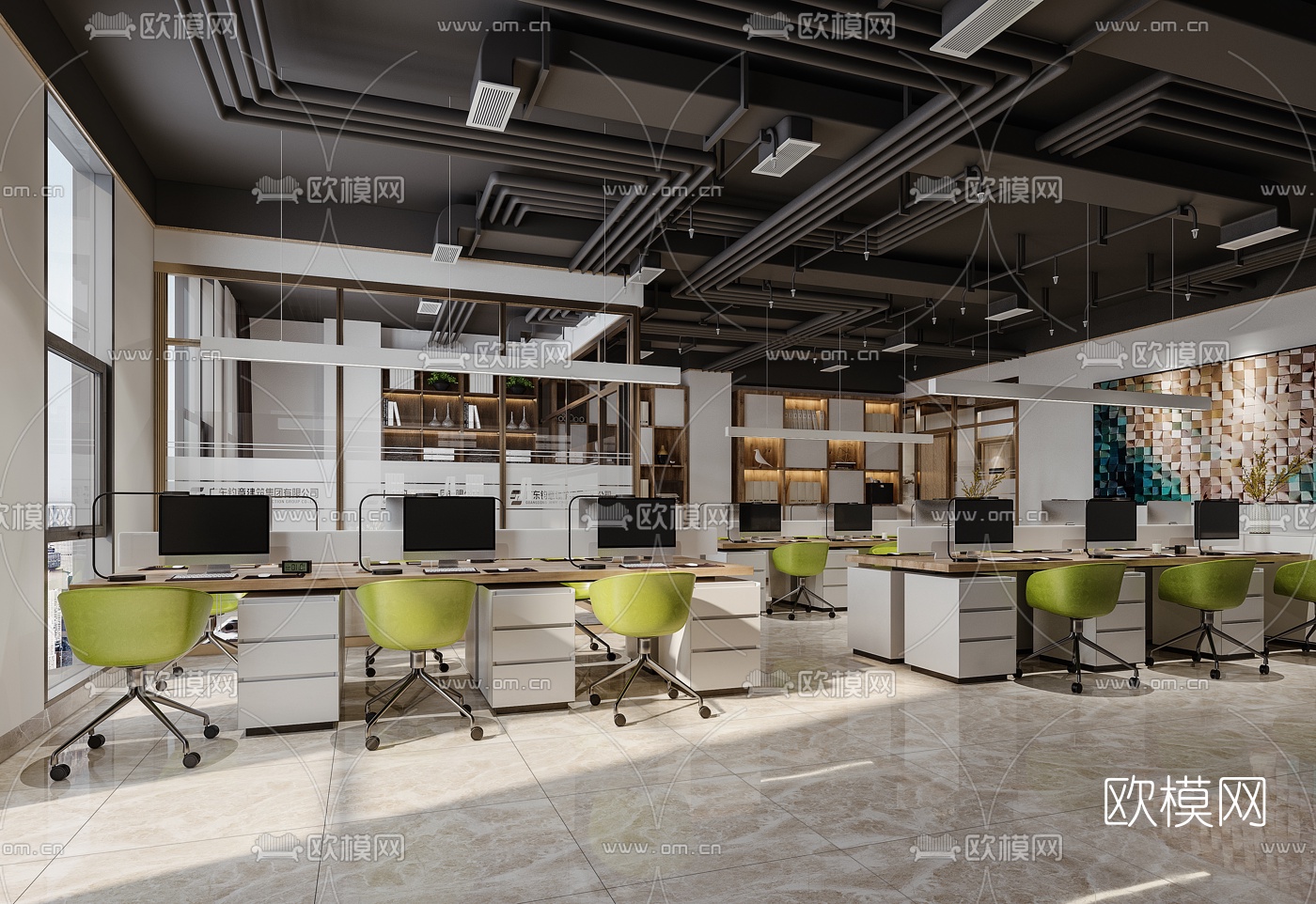 现代敞开式办公区过道3d模型-免费3dmax模型库-欧模网