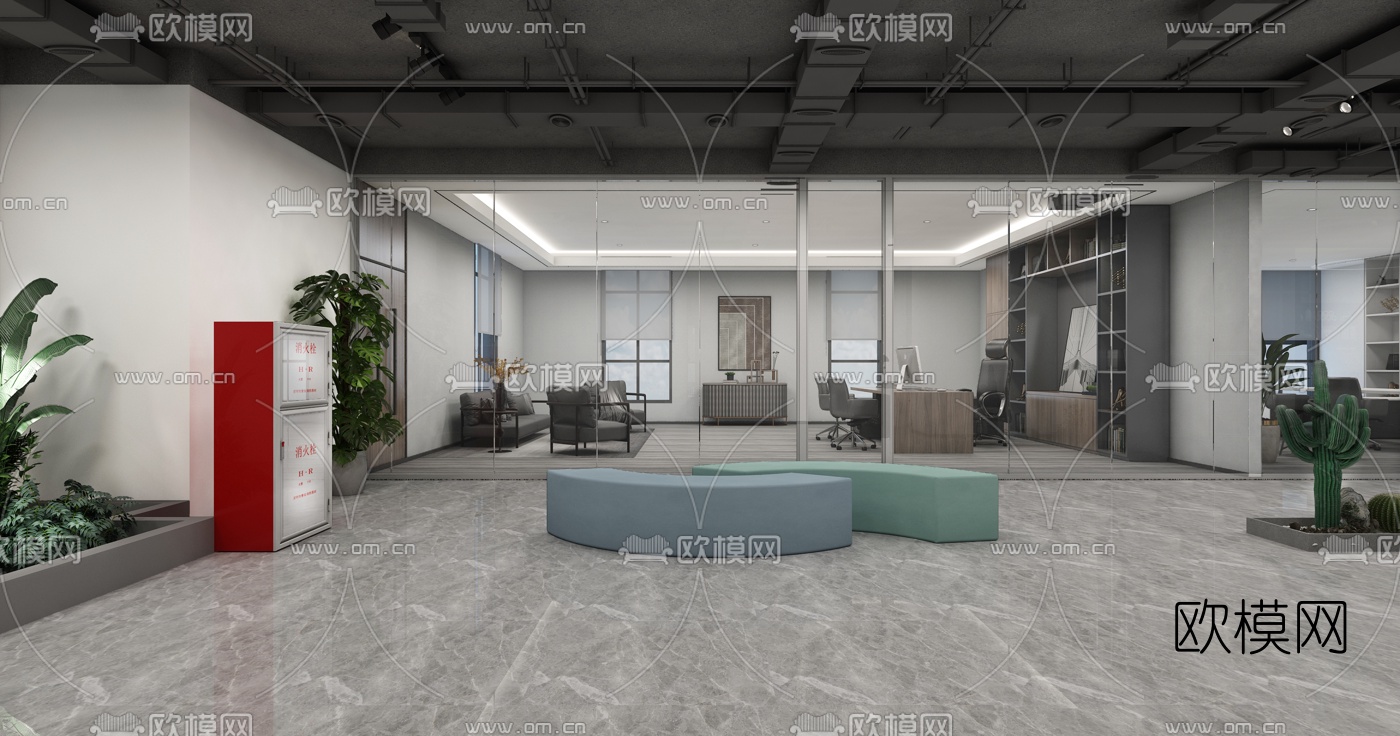 工业风办公大堂前台3d模型
