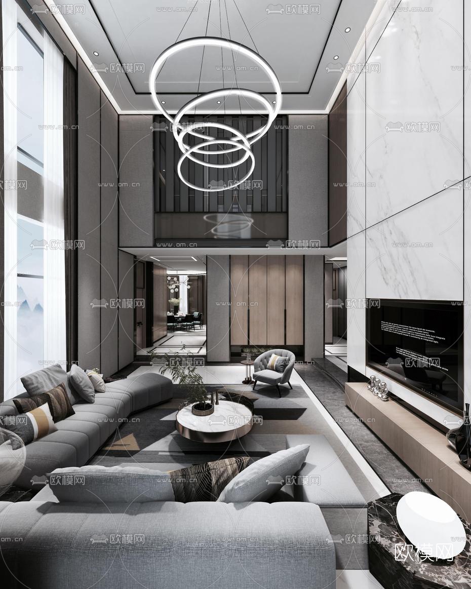 现代挑高客厅su模型下载（渲染图1）