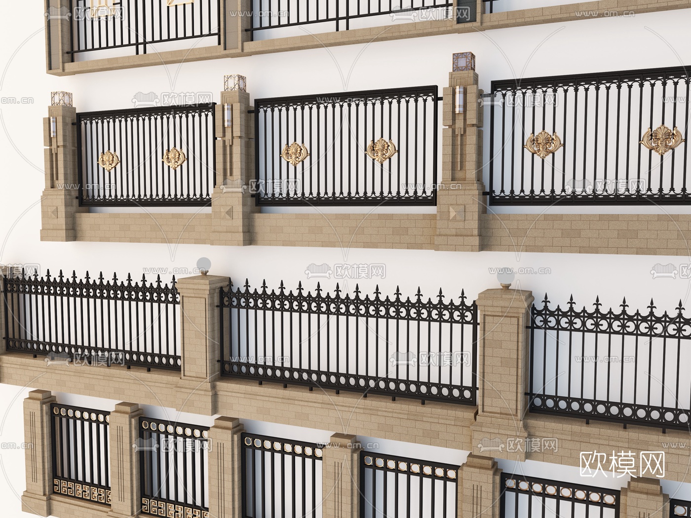 欧式围墙铁艺围栏3d模型下载（渲染图2）