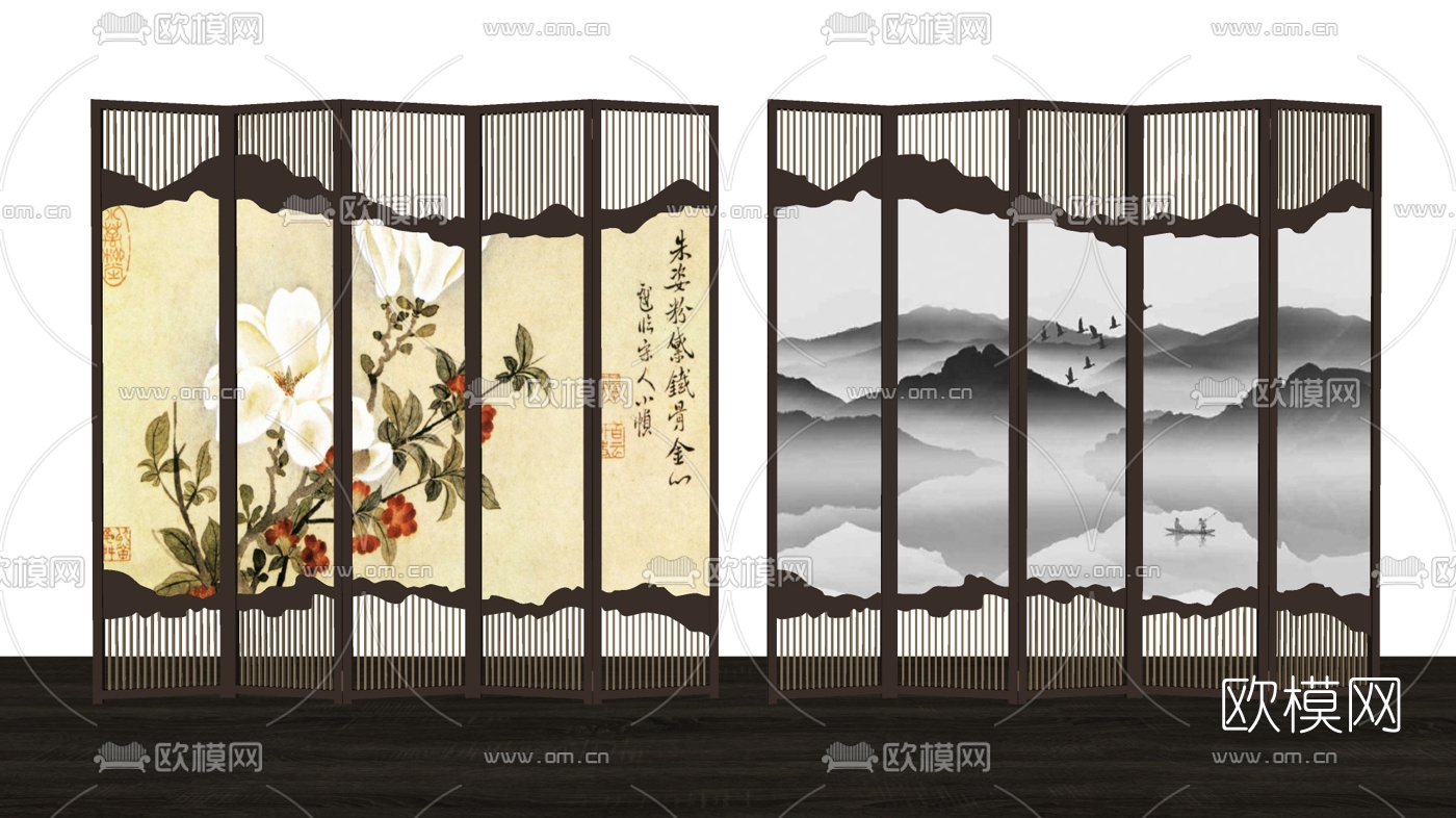 中式山水画屏风隔断su模型