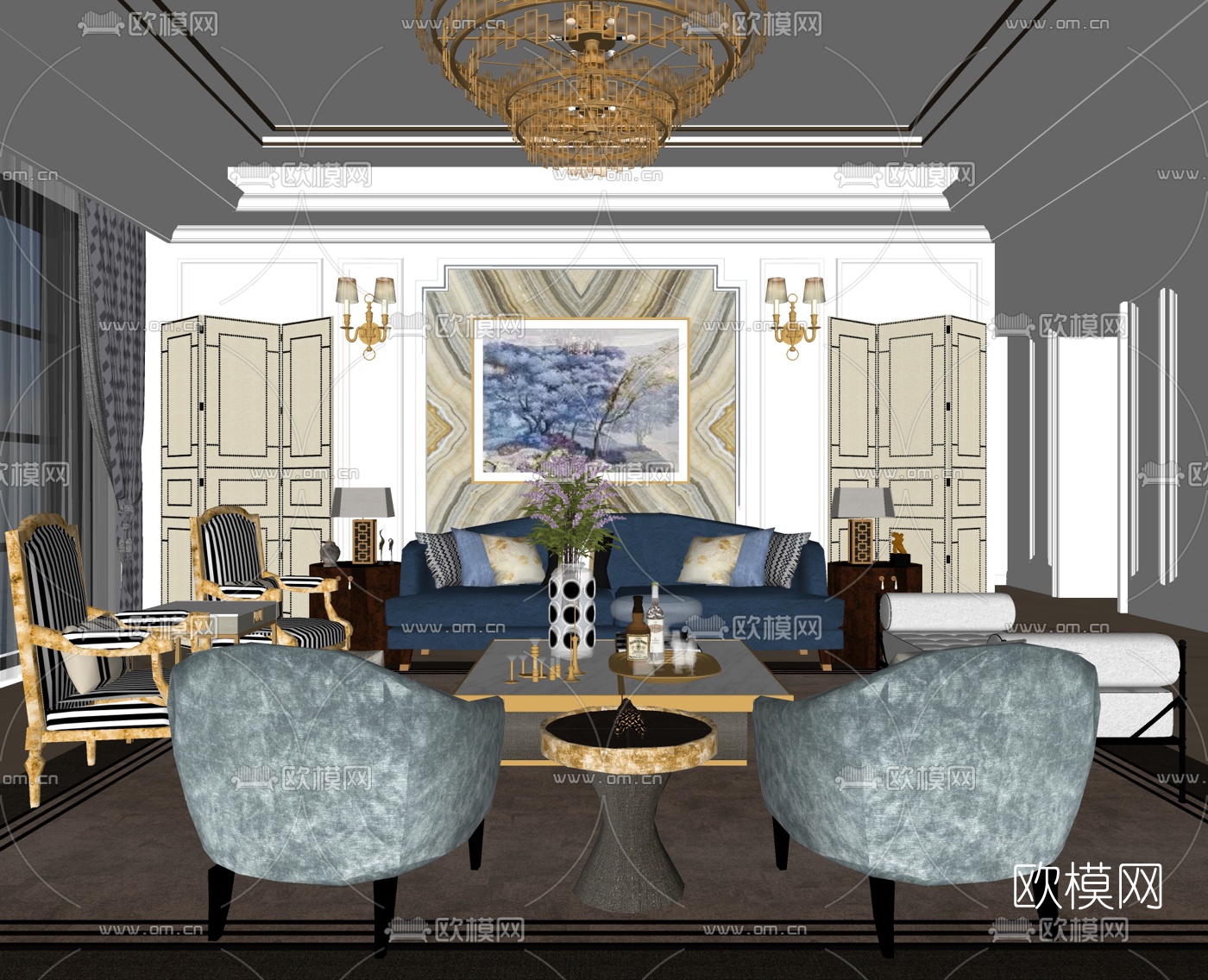 HBA设计 新古典客厅su模型下载