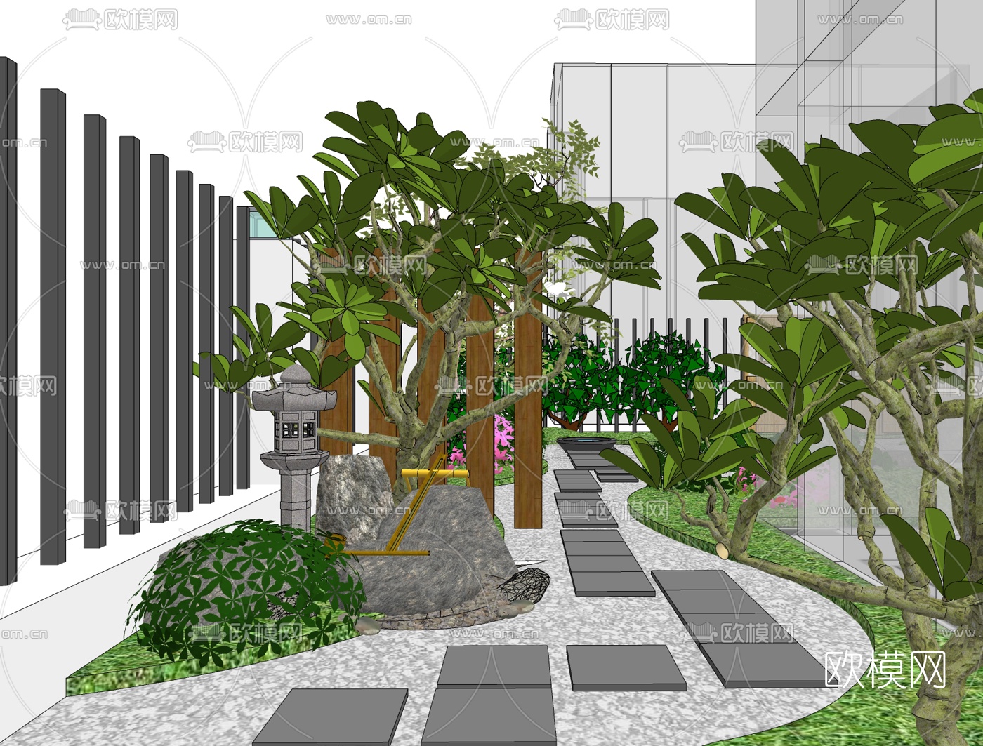 日式枯山水庭院花园su模型下载（渲染图2）