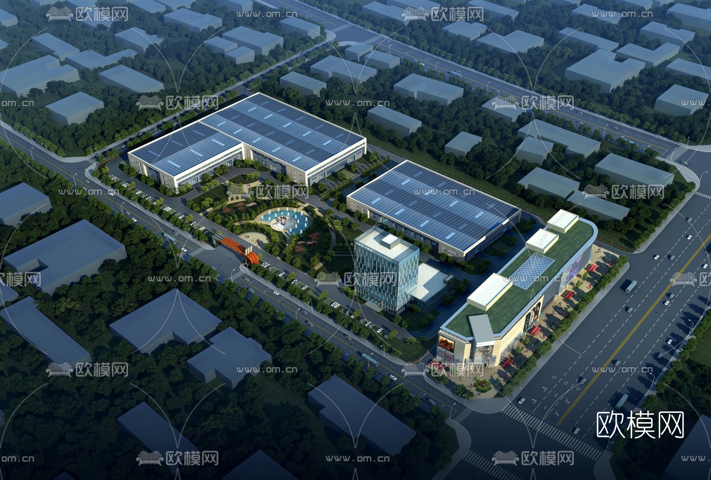 现代工业区厂房鸟瞰规划3d模型下载