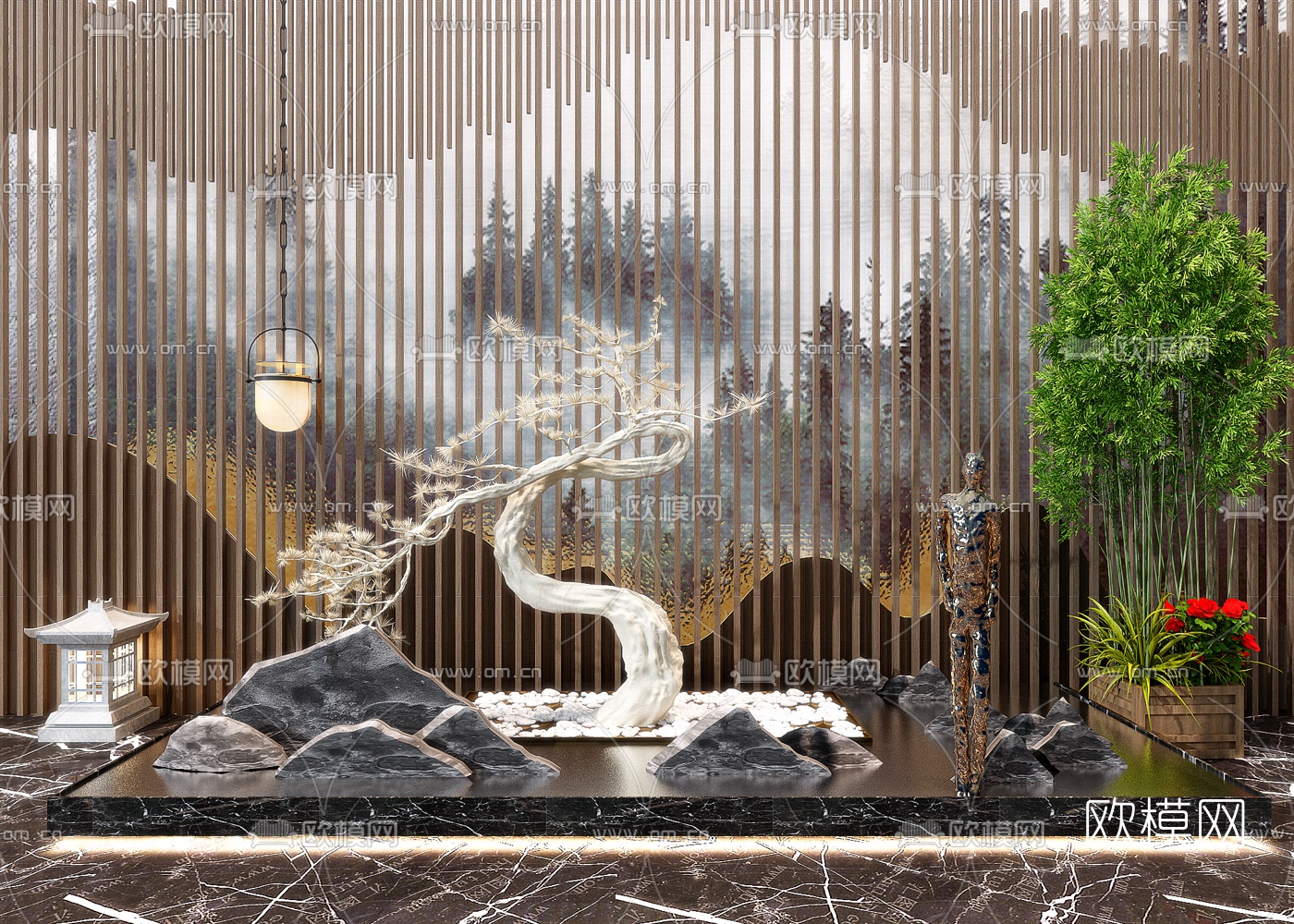 新中式假山雕塑松树园艺小品3d模型下载