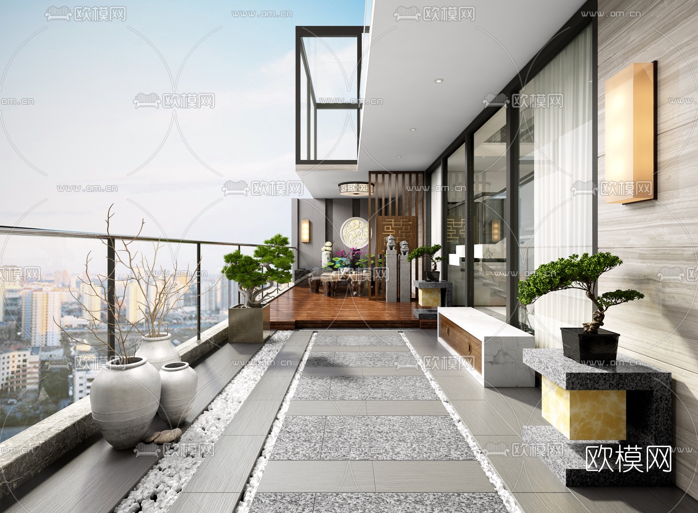 新中式休闲阳台3d模型