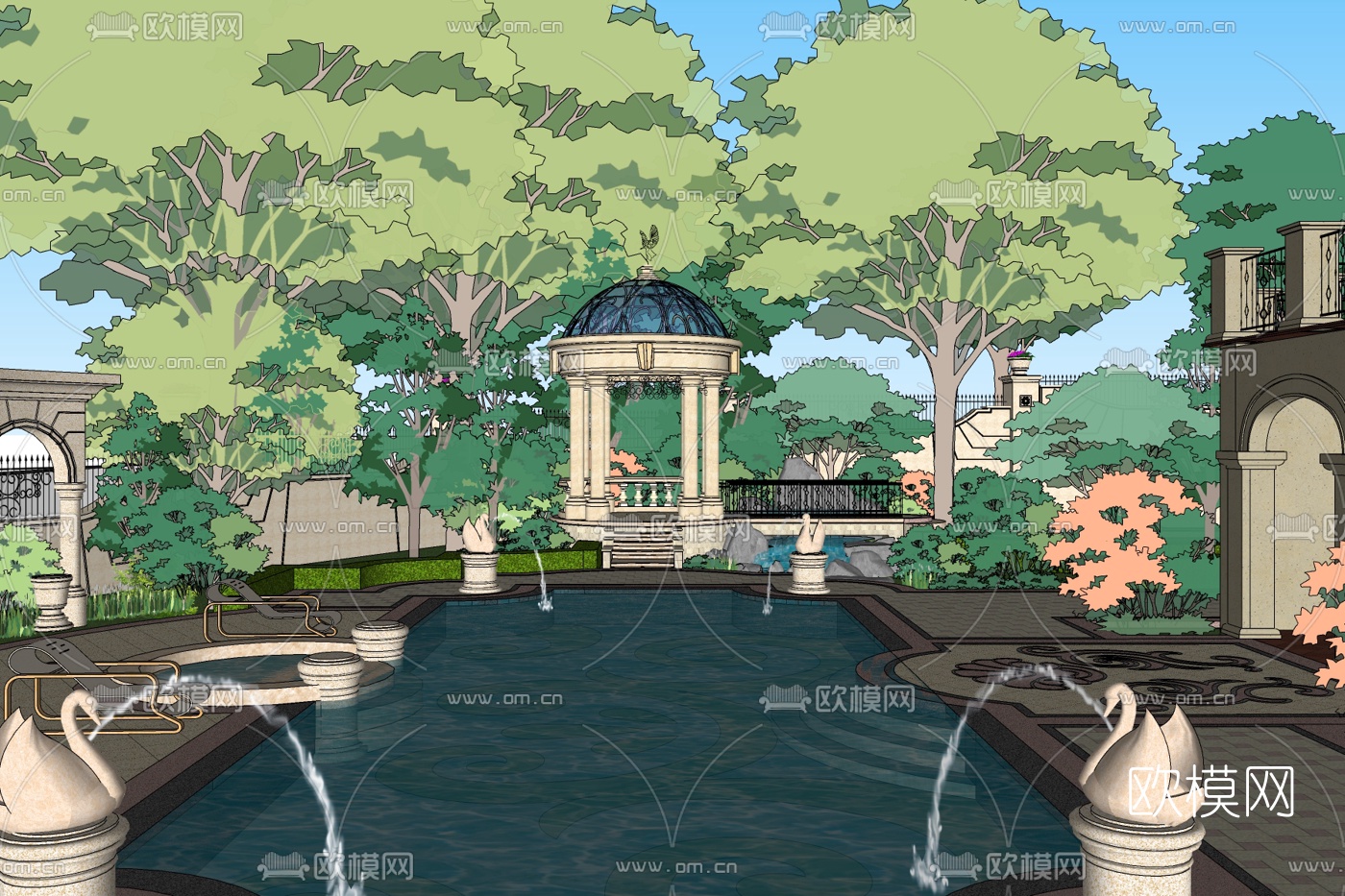中式园林景观免费su模型下载