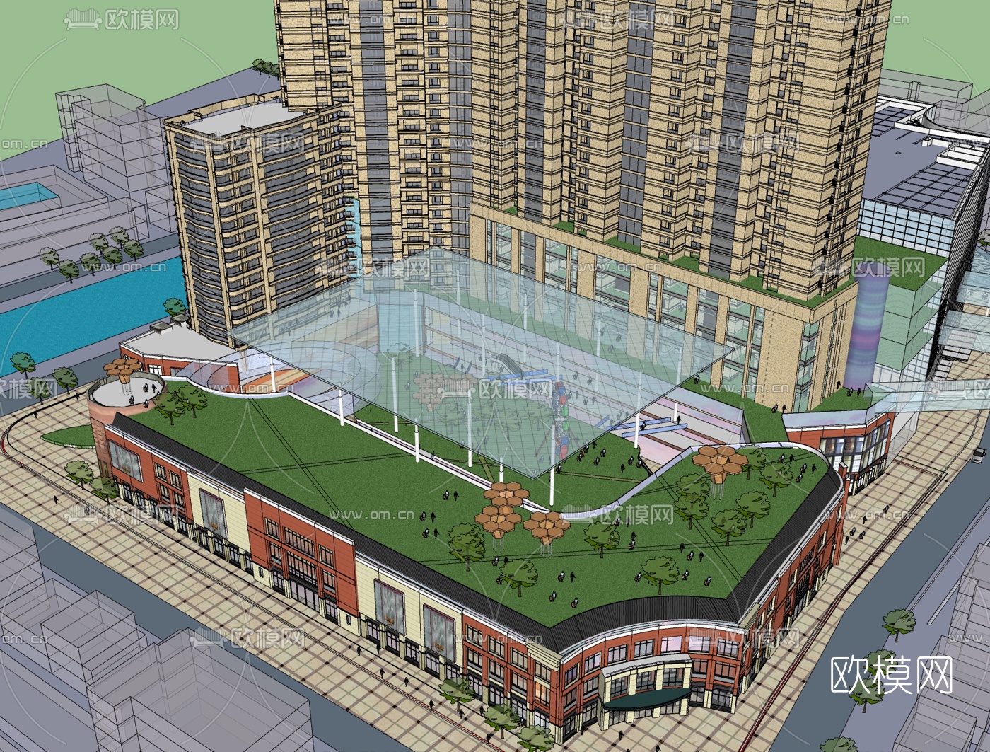 欧式商业街免费su模型下载（渲染图2）