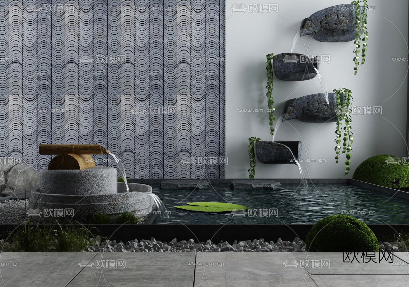 新中式竹流水景观小品3d模型下载