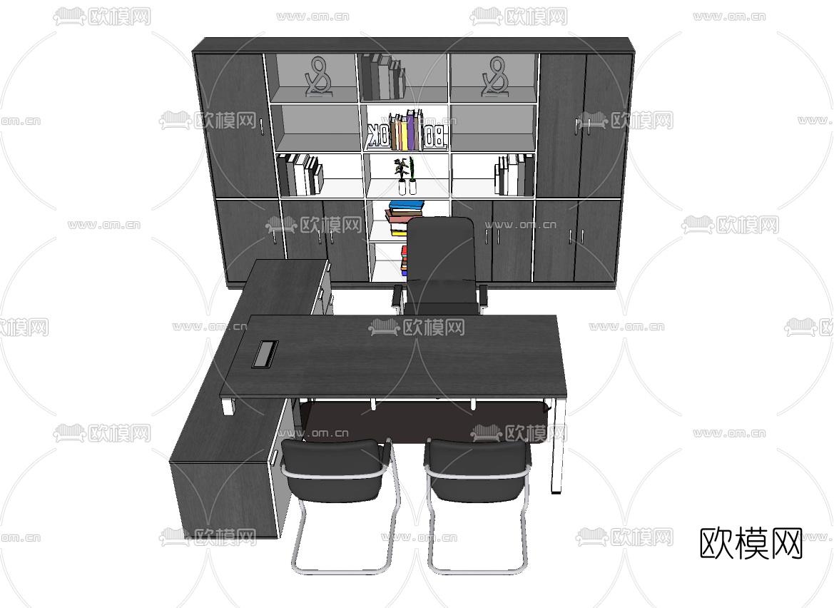 现代班台桌椅文件柜su模型下载（渲染图1）