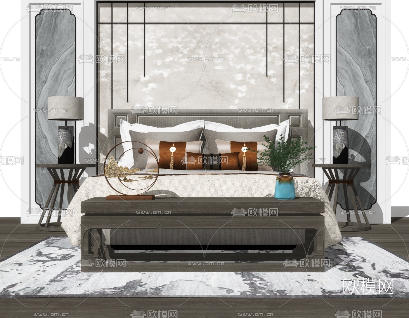 新中式布艺双人床su模型下载