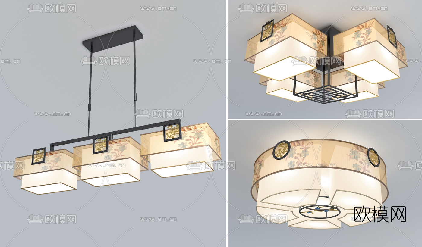 新中式金属吸顶灯3d模型下载